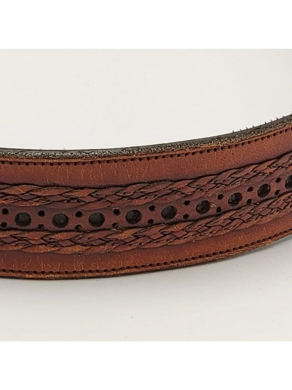 Vintage Brown Leather Belt With Braided & Perforated Details Solid Brass Buckle